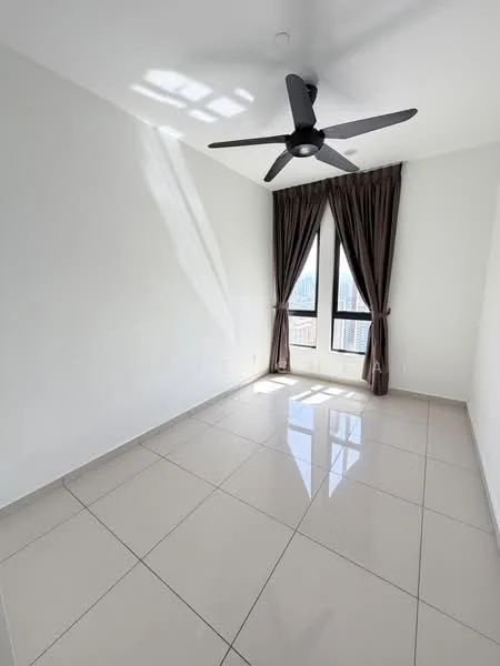 Bedroom features: white painted walls, glossy tile flooring, 5-blade ceiling fan in black, floor-to-ceiling windows, brown curtains, natural light from windows; style: modern; view: city.