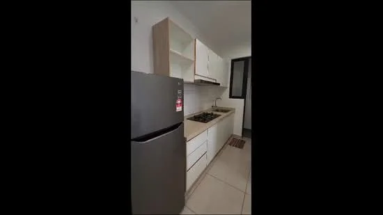 Kitchen features: white cabinetry, grey laminate countertop, stainless-steel fridge, 4-burner gas hob, single-bowl stainless-steel sink, chrome pull-down faucet, wall-mounted cabinets, tile flooring, window with black frame, kitchen mat; style: modern.