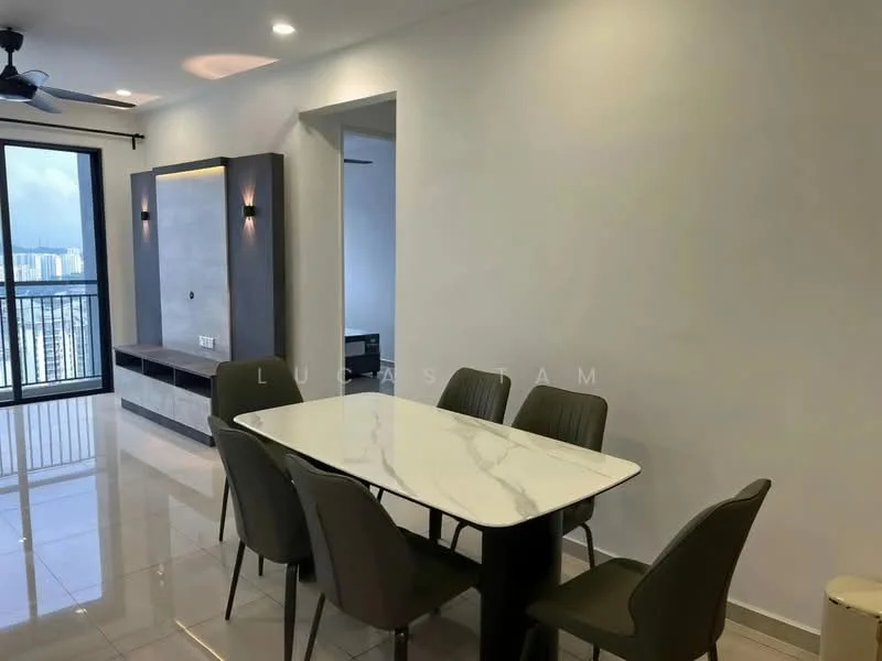 Dining features: 6-seater dining table with marble top, upholstered dining chairs in grey, white painted walls, glossy tile flooring, ceiling fan, wall-mounted feature lighting, open shelving unit, floor-to-ceiling windows with city view; style: modern; view: city.