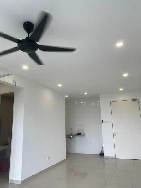 Room features: white painted walls, polished ceramic tile flooring, 5-blade ceiling fan with light, recessed LED downlights, door with handle, kitchenette area with sink, open layout; style: modern.