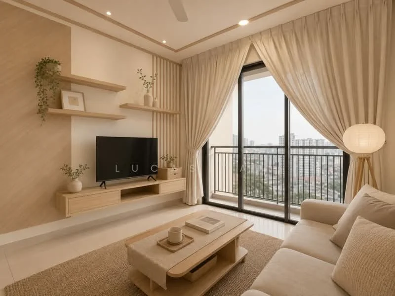 Living features: beige fabric sofa, wooden coffee table, TV console, wall-mounted TV, floating wooden shelves, curtains, floor-to-ceiling windows, recessed ceiling lights, decorative plants, area rug, light fixture, neutral wall color, wood accent wall; style: modern; view: city.