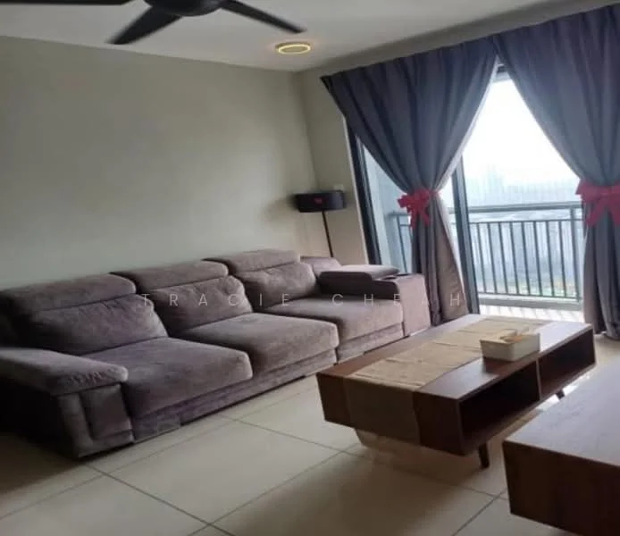 Living features: L-shape sectional sofa in grey, wood coffee table, floor-to-ceiling windows, sliding glass door, grey curtains with red tiebacks, light fixture with recessed lighting, cream tiled flooring, wall-mounted lamp; style: modern; view: city.