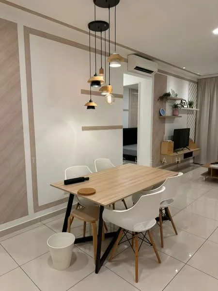 Dining features: wood dining table, 4 white plastic dining chairs with wooden legs, pendant lighting with multiple bulbs, cream painted walls, feature wall with wood paneling, recessed ceiling lights, air conditioning unit on wall, glossy tile flooring; style: modern.