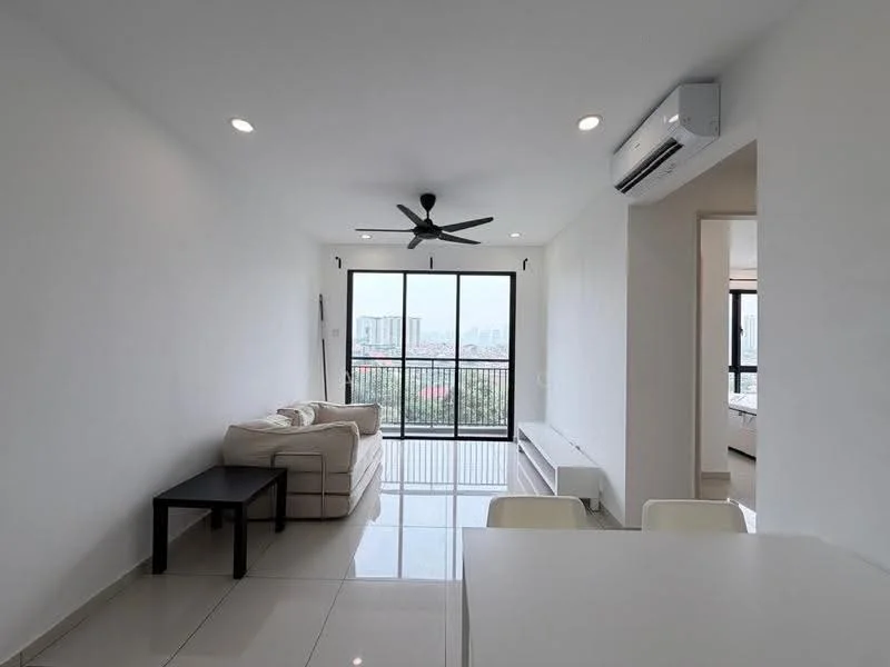 Living features: white painted walls, glossy tile flooring, 5-blade ceiling fan with light, floor-to-ceiling windows, sliding glass door, beige fabric sofa, black coffee table, air conditioning unit, natural light from windows; style: modern; view: city.