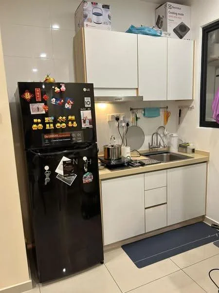 Kitchen features: black fridge, white upper cabinets, white lower cabinets, light wood countertop, stainless-steel sink, chrome pull-down faucet, built-in stove, kitchen utensils on countertop, tile backsplash, ceramic tile flooring, window with black frame, magnetic fridge decorations; style: modern.