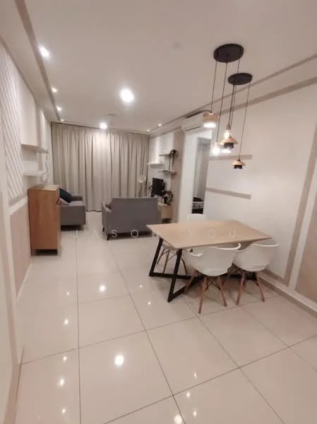Living features: white painted walls, cream accent wall, glossy tile flooring, recessed downlights, pendant lighting, sofa in grey fabric, dining table with black metal legs, 4 white dining chairs, curtains in light fabric, open shelving, wooden sideboard, decorative wall paneling; style: modern.