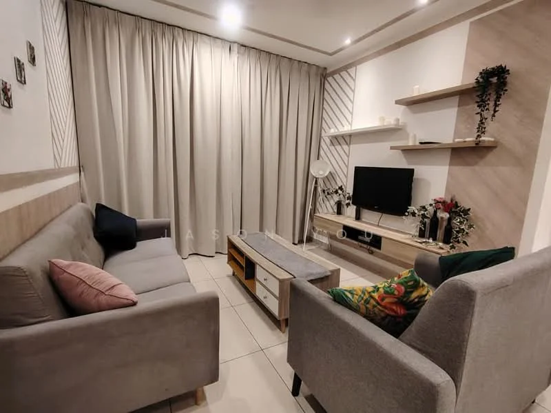 Living features: 2-seater fabric sofa in grey, 3-seater fabric sofa in light grey, coffee table with wooden legs, wall-mounted TV, floating shelves, decorative plants, curtains in light fabric, wall art with photos, tile flooring, recessed ceiling lights; style: modern.