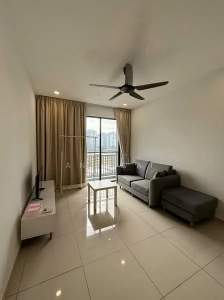 Living features: grey fabric sofa, sectional sofa, coffee table, wall-mounted TV, TV console, 5-blade ceiling fan, floor-to-ceiling windows, curtains, glossy tile flooring, neutral painted walls, natural light, city view; style: modern; view: city.