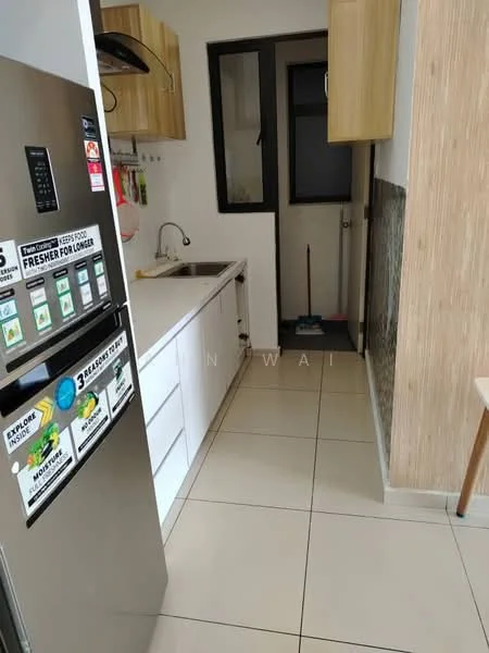 Kitchen features: white cabinetry, wooden upper cabinets, stainless-steel fridge, single-bowl stainless-steel sink, chrome pull-down faucet, white countertop, tile backsplash, ceramic tile flooring, window with black frame, sweeper in corner; style: modern.