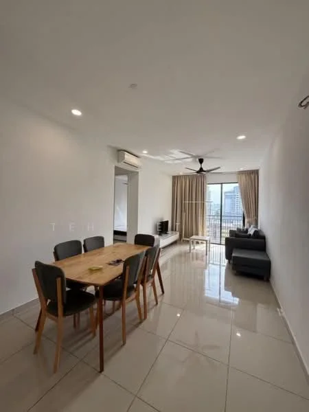 Dining features: dining table with 6 chairs, white painted walls, glossy tile flooring, 5-blade ceiling fan with light, large windows with sheer curtains, recessed downlights, open layout to living area, view of city skyline; style: modern; view: city. Living features: 2-seater fabric sofa in grey, coffee table, TV console, wall-mounted TV, large windows with sheer curtains, recessed downlights, glossy tile flooring, open layout to dining area; style: modern; view: city.