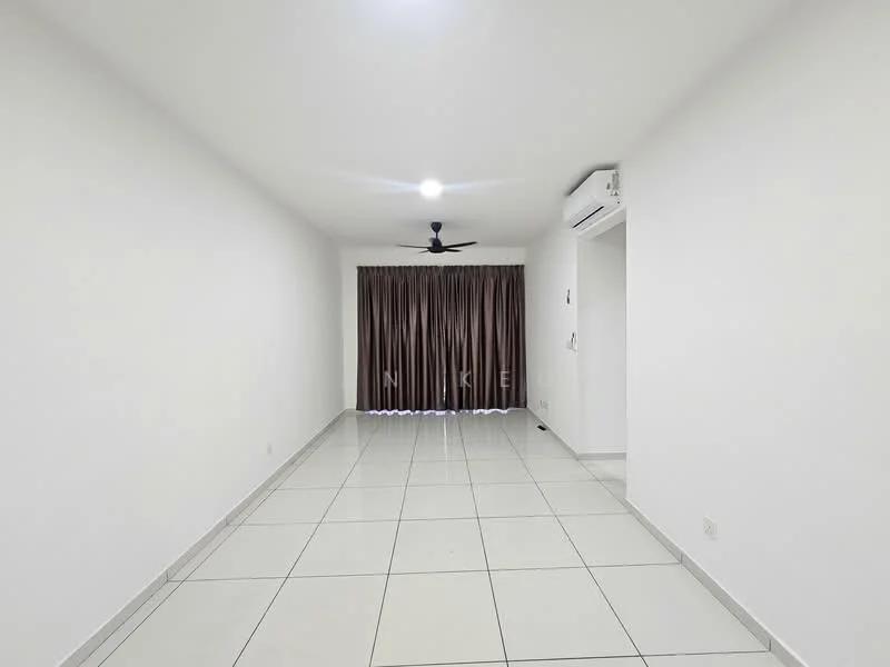 Living features: white painted walls, glossy ceramic tile flooring, 5-blade ceiling fan with light, floor-to-ceiling windows with curtains, air conditioning unit, neutral color scheme, recessed lighting; style: modern.