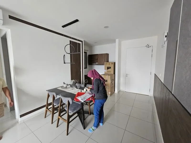Dining features: 6-seater dining table, grey tablecloth, wooden dining chairs, pendant light fixture, white walls, tile flooring, kitchen cabinetry visible in background, open layout, recessed ceiling lights; style: modern. Room features: white painted walls, tile flooring, door to hallway, kitchen area visible.