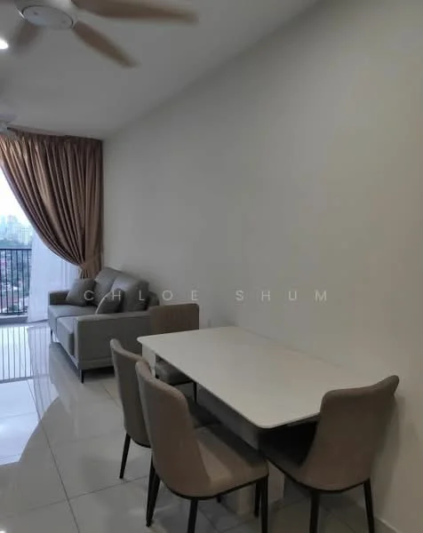 Dining features: white dining table, 4 upholstered dining chairs, grey fabric sofa, floor-to-ceiling windows, sheer curtains, light grey painted walls, glossy tile flooring, ceiling fan; style: modern; view: city.