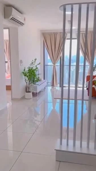 Room features: white painted walls, glossy tile flooring, floor-to-ceiling windows, sheer curtains, balcony access, indoor plants, air conditioning unit, recessed downlights; style: modern; view: city.