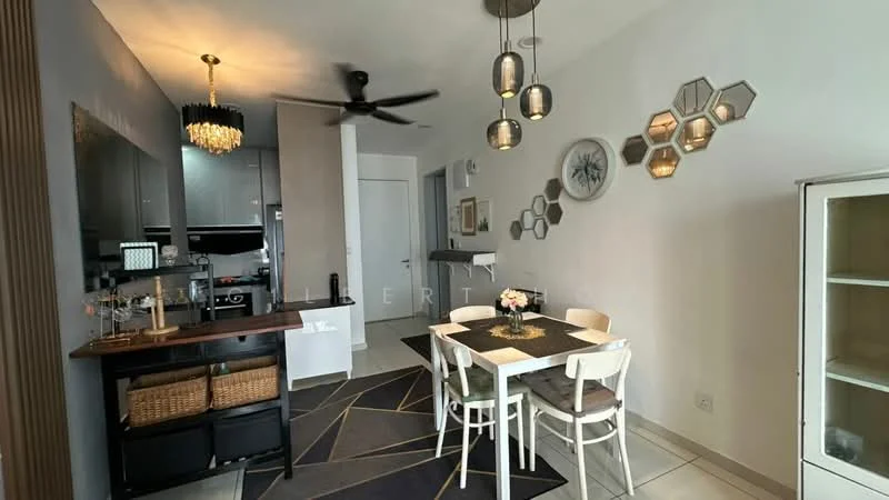 Dining features: 6-seater dining table, white dining chairs, pendant lamp, ceiling fan, decorative wall mirrors, geometric area rug, open shelving unit, wooden side table with storage baskets, grey painted walls, tile flooring; style: modern. Kitchen features: stainless-steel appliances, black cabinetry, kitchen island, open layout to dining area; style: modern.