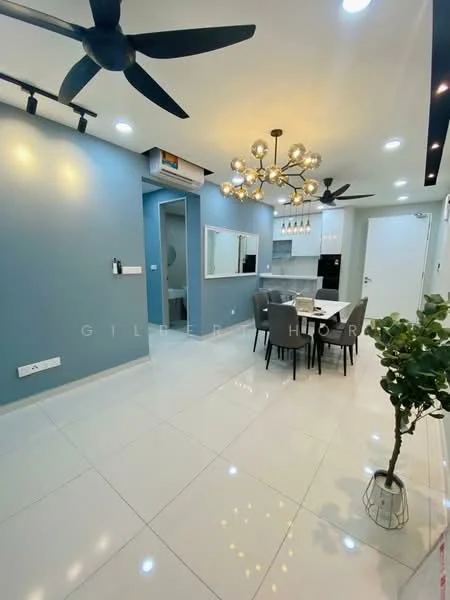 Dining features: white glossy tile flooring, blue painted walls, 5-blade ceiling fan with light, chandelier with multiple bulbs, dining table for 6, upholstered dining chairs, mirror on wall, open layout to kitchen, decorative plant in pot; style: modern.