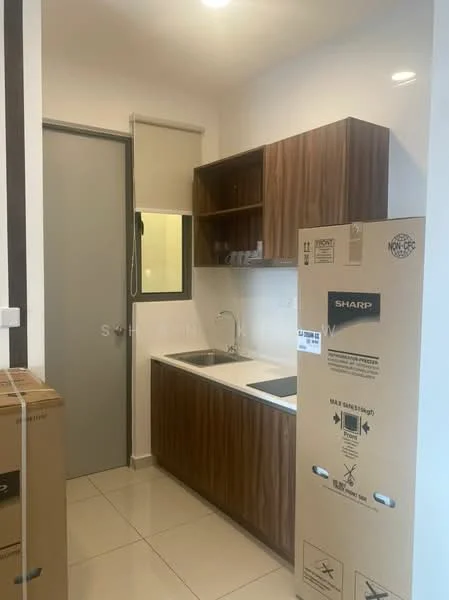 Kitchen features: wood cabinetry, single-bowl stainless-steel sink, chrome pull-down faucet, countertop with laminate finish, tile flooring, window for natural light, built-in cabinets, appliance box for fridge, neutral wall color, recessed ceiling lights; style: modern.