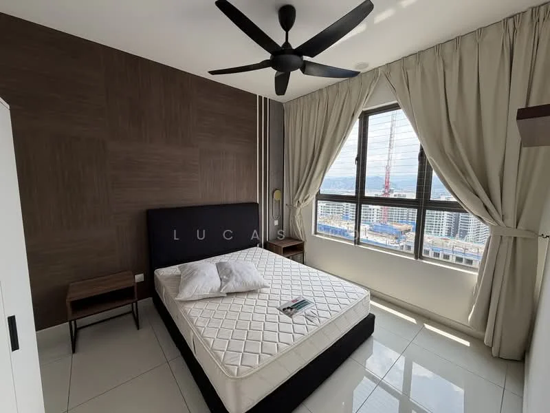 Bedroom features: king-size bed, upholstered headboard, white bedding, nightstand, floor-to-ceiling windows, grey curtains, ceiling fan with light, white tiled flooring, wood accent wall, decorative wall paneling, city view; style: modern; view: city.