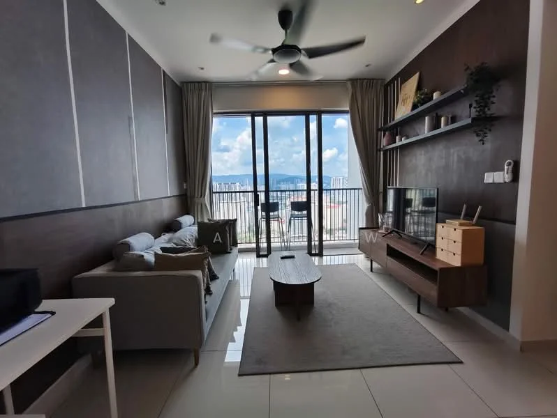Living features: 3-seater fabric sofa in grey, 2-seater fabric sofa in light grey, wooden coffee table, TV console, wall-mounted TV, area rug, floor-to-ceiling windows, curtains, ceiling fan with light, decorative wall with wood paneling, shelves with decorative items; style: modern; view: city.