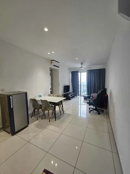 Living features: white painted walls, glossy ceramic tile flooring, recessed downlights, 5-blade ceiling fan, floor-to-ceiling windows, sliding glass door, grey curtains, TV console, black TV, dining table with 4 chairs, refrigerator, black office chair; style: modern; view: city.