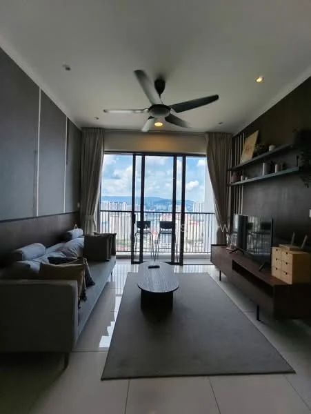 Living features: 3-seater fabric sofa in grey, coffee table, TV console, wall-mounted TV, area rug, floor-to-ceiling windows, sliding glass door, curtains, ceiling fan with light, decorative wall shelf, wooden accent cabinet, neutral wall colour, white tiled flooring, mountain view; style: modern; view: mountain.