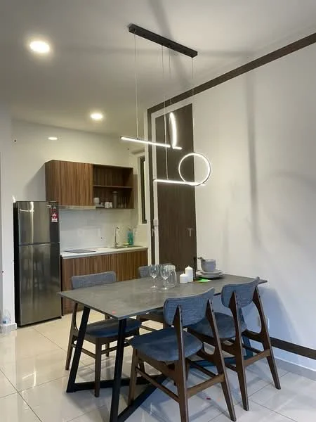 Dining features: rectangular dining table, 4 upholstered dining chairs, pendant light fixture, white walls, tile flooring, wooden cabinetry, stainless-steel fridge, open kitchen layout, kitchen counter with sink, wall-mounted cabinets; style: modern.