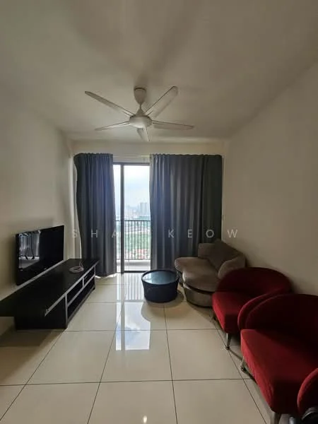 Living features: 5-blade ceiling fan, floor-to-ceiling windows, sliding glass door, curtains, white painted walls, glossy ceramic tile flooring, TV console, wall-mounted TV, 2-seater fabric sofa in grey, 3-seater fabric sofa in red, round coffee table; style: modern; view: city.