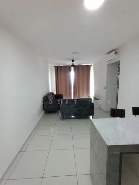 Living features: white painted walls, glossy tile flooring, 5-blade ceiling fan with light, floor-to-ceiling windows, sheer curtains, 2-seater fabric sofa in grey, 3-seater fabric sofa in grey, air conditioning unit on wall; style: modern.