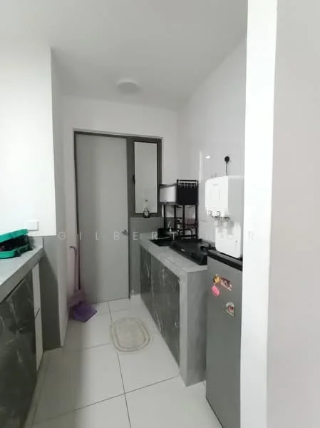 Kitchen features: grey cabinetry, white tiled backsplash, black countertop, stainless-steel fridge, built-in sink, single-bowl stainless-steel sink, chrome faucet, white walls, tile flooring, window with grey frame, kitchen appliances on countertop, cleaning supplies visible; style: modern.