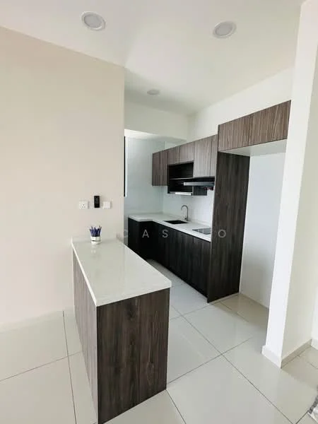 Kitchen features: white quartz countertop, dark wood cabinetry, stainless-steel sink, chrome pull-down faucet, built-in oven, induction cooktop, white tiled backsplash, recessed downlights, ceramic tile flooring, open layout; style: modern.