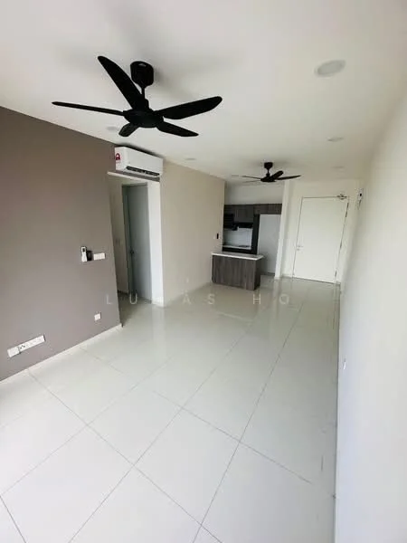 Living features: white painted walls, grey accent wall, polished ceramic tile flooring, 2 ceiling fans, wall-mounted intercom, air conditioning unit, open layout to kitchen, door leading to hallway; style: modern.
