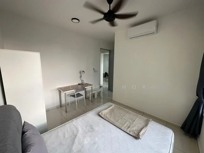 Bedroom features: grey fabric sofa, queen-size bed, ceiling fan, wall-mounted split AC, white painted walls, tile flooring, study desk, two white chairs, window with grey curtains; style: modern.