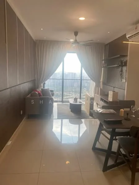 Living features: floor-to-ceiling windows, sliding glass door, curtains, 5-blade ceiling fan, recessed downlights, polished ceramic tile flooring, brown accent wall, light-colored wall, coffee table, dining table with chairs, decorative plants, wall-mounted shelves; style: modern; view: city.