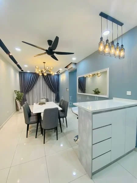 Dining features: 6-seater dining table, upholstered dining chairs, pendant lighting with exposed bulbs, 5-blade ceiling fan with light, grey painted walls, white cabinetry with drawers, large mirror on wall, curtains in dark blue, decorative plant in pot, glossy tile flooring; style: modern.