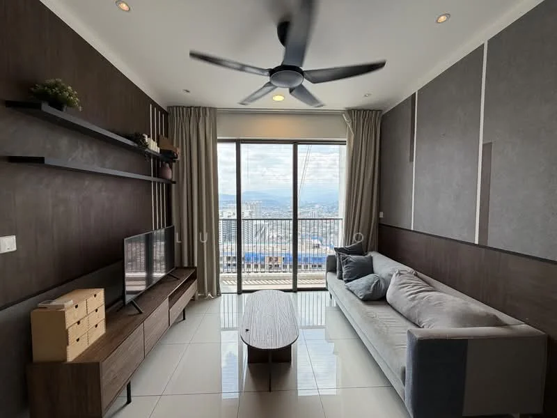 Living features: 3-seater fabric sofa in light grey, wooden coffee table, wall-mounted TV, TV console with storage drawers, shelf unit on wall, floor-to-ceiling windows, curtains, ceiling fan with light, white tiled flooring, accent wall with wood paneling, decorative plants; style: modern; view: city.