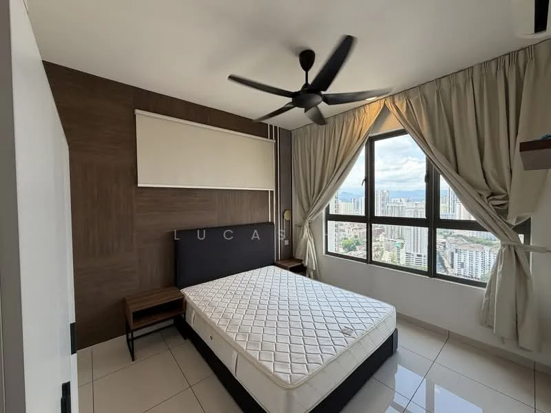 Bedroom features: king-size bed, upholstered headboard, 2 bedside tables, floor-to-ceiling windows, city view, cream curtains, wood accent wall, white painted walls, recessed downlights, ceiling fan; style: modern; view: city.