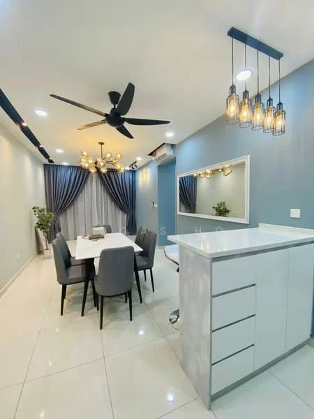Dining features: 6-seater dining table, upholstered dining chairs, pendant lighting with exposed bulbs, 5-blade ceiling fan with light, mirrored wall, grey accent wall, white cabinetry, white countertop, large window with curtains, decorative plant in corner; style: modern.