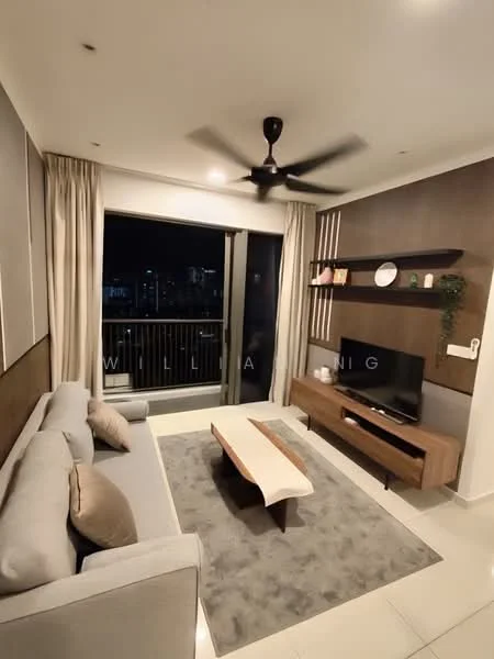 Living features: 3-seater fabric sofa in grey, coffee table with wooden top, TV console in wood finish, wall-mounted TV, area rug in grey, ceiling fan, floor-to-ceiling windows, curtains in light fabric, decorative wall paneling, wall-mounted shelf with decor items; style: modern; view: city.