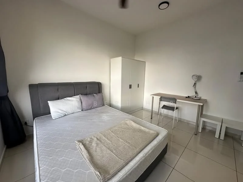 Bedroom features: queen-size bed with grey upholstered headboard, white bedding, light grey blanket, white bedside table, study desk with light wood finish, grey chair, white wardrobe with two doors, floor-to-ceiling window with dark curtains, white walls, tile flooring, ceiling fan; style: modern.