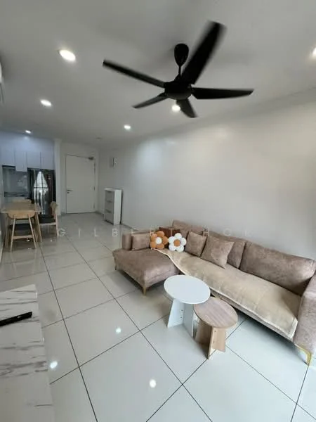 Living features: 5-blade ceiling fan in black, sofa in beige fabric, coffee table in white, side table in wood, white painted walls, glossy white tile flooring, recessed LED downlights, open layout to kitchen, dining area with wooden chairs, built-in cabinetry, floor-to-ceiling windows; style: modern.