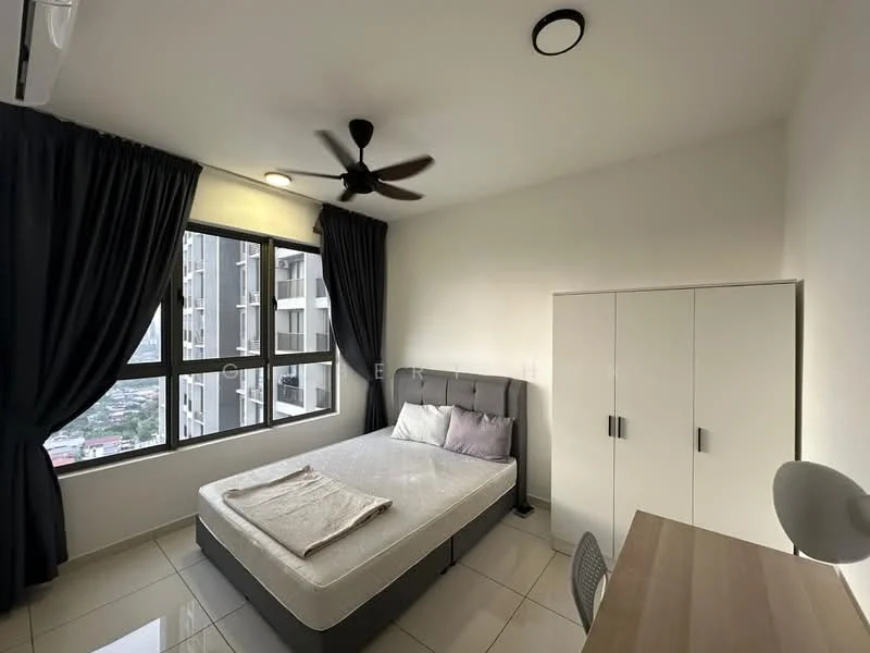 Bedroom features: queen-size bed, upholstered headboard, floor-to-ceiling windows, blackout curtains, 5-blade ceiling fan, white painted walls, glossy tile flooring, built-in wardrobe, study desk, desk lamp; style: modern; view: city.