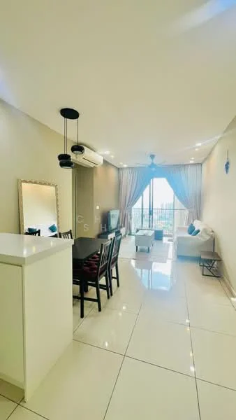 Living features: white painted walls, glossy tile flooring, 5-blade ceiling fan with light, floor-to-ceiling windows, sheer curtains, dining table with 6 chairs, mirror on wall, sofa, decorative wall art, air conditioning unit; style: modern; view: city.