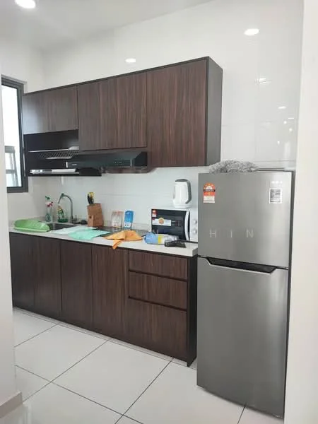 Kitchen features: dark wood cabinetry, white countertop, stainless-steel fridge, built-in oven, microwave, single-bowl stainless-steel sink, chrome pull-down faucet, ceramic tile flooring, white tiled backsplash, kitchen utensils on countertop, green dish rack, kitchen towel, window with black frame; style: modern.
