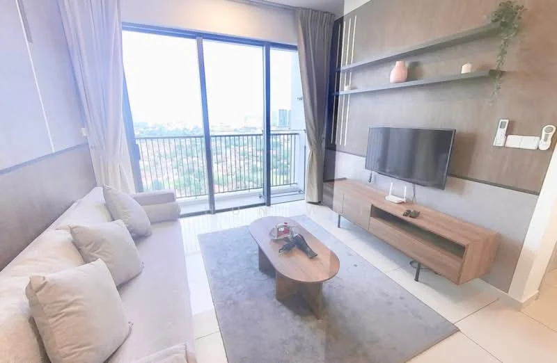 Living features: 3-seater fabric sofa in light grey, wooden coffee table, area rug in light grey, wall-mounted TV, wooden TV console, shelves on wall, floor-to-ceiling windows, curtains, decorative plant on shelf, decorative vase on shelf; style: modern; view: city.