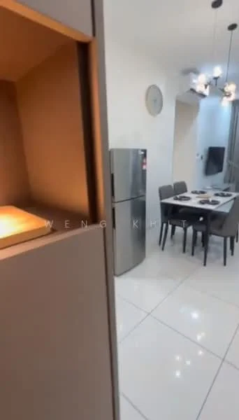 Kitchen features: stainless-steel fridge, white cabinetry, white tiled flooring, recessed downlights, wall clock, dining table with chairs, TV mounted on wall, open layout; style: modern.