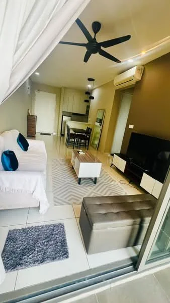 Living features: 3-seater white fabric sofa, 2 blue accent cushions, grey area rug, coffee table with white top and wooden legs, TV console with storage, wall-mounted TV, ceiling fan with 5 blades, recessed downlights, dining table with 4 chairs, open kitchen with cabinetry, air conditioning unit, sliding glass door leading to balcony; style: modern; view: city.