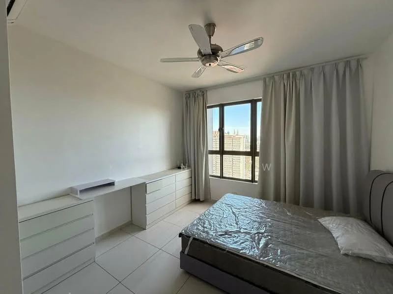 Bedroom features: queen-size bed, upholstered headboard, bedside lamp, built-in wardrobe, desk with drawers, floor-to-ceiling window, sheer curtains, ceiling fan with light, white painted walls, tile flooring; style: modern; view: city.