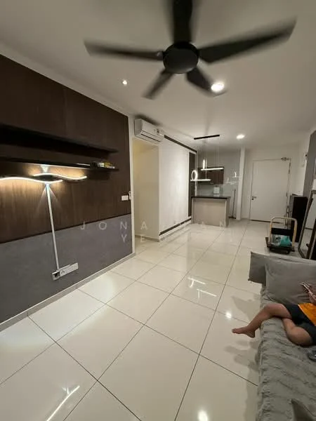 Living features: white glossy tile flooring, grey accent wall, wood panel feature wall, 5-blade ceiling fan with light, recessed downlights, wall-mounted shelving, sofa with light grey upholstery, air conditioning unit, sliding door, decorative floor lamp; style: modern.