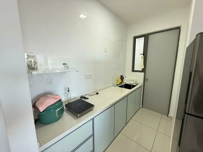 Kitchen features: white tiled walls, light grey countertop, glass-front cabinetry, built-in stove, single-bowl stainless-steel sink, chrome pull-down faucet, white ceramic tile flooring, refrigerator, window with grey frame, door to utility area; style: modern.