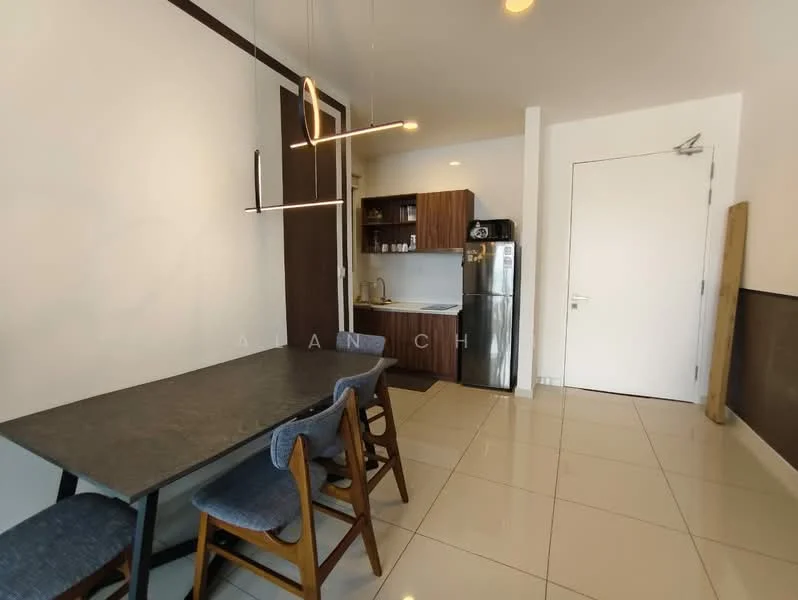 Dining features: rectangular dining table with grey surface, 4 wooden dining chairs with blue upholstery, pendant light fixture, white walls, tile flooring, kitchenette with dark wood cabinetry, stainless-steel fridge, built-in countertop with sink, microwave, kitchen cabinets, open shelving; style: modern.